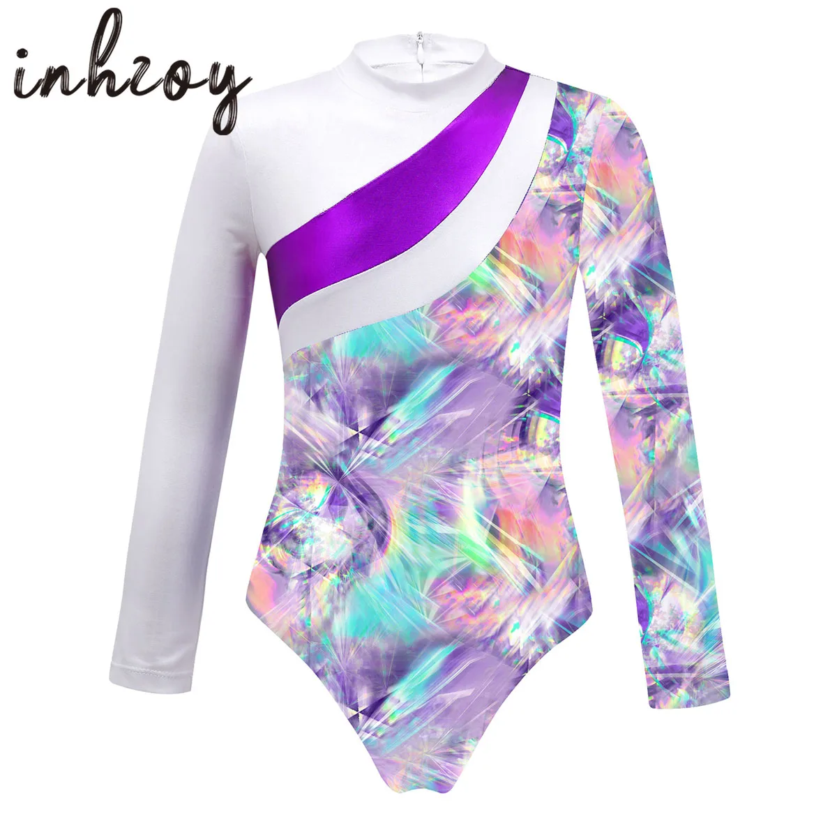 

Children Gymnastics Leotard for Teens Girls Long Sleeve Holographic Print Ballet Dance Leotard Ice Skating Bodysuit Jumpsuit