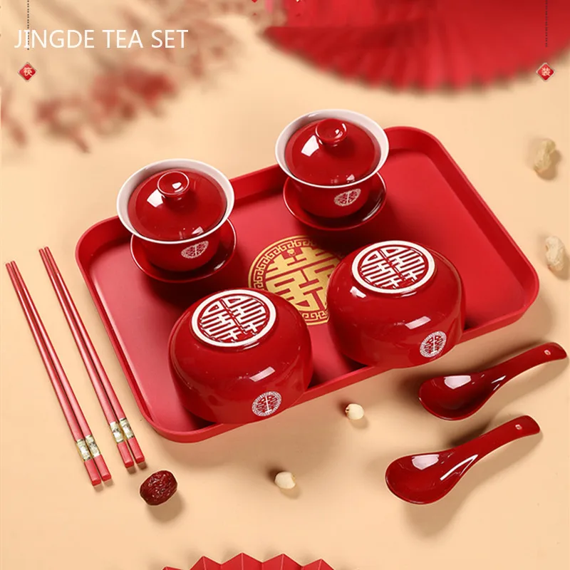 Chinese Wedding Teaware Supplies Exquisite Ceramics Gaiwan Teacup Handmade Tea Maker Double Happiness Bowl High-end Tea Set
