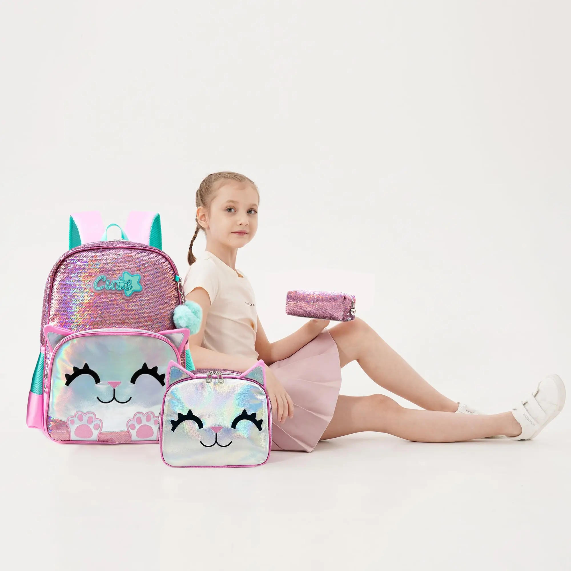 Hot Sale Sequin New Cartoon Animal Backpack 16'' Cat Printing Student Cartoon Cute Children's Schoolbag with Lunchbag and Penbag 4