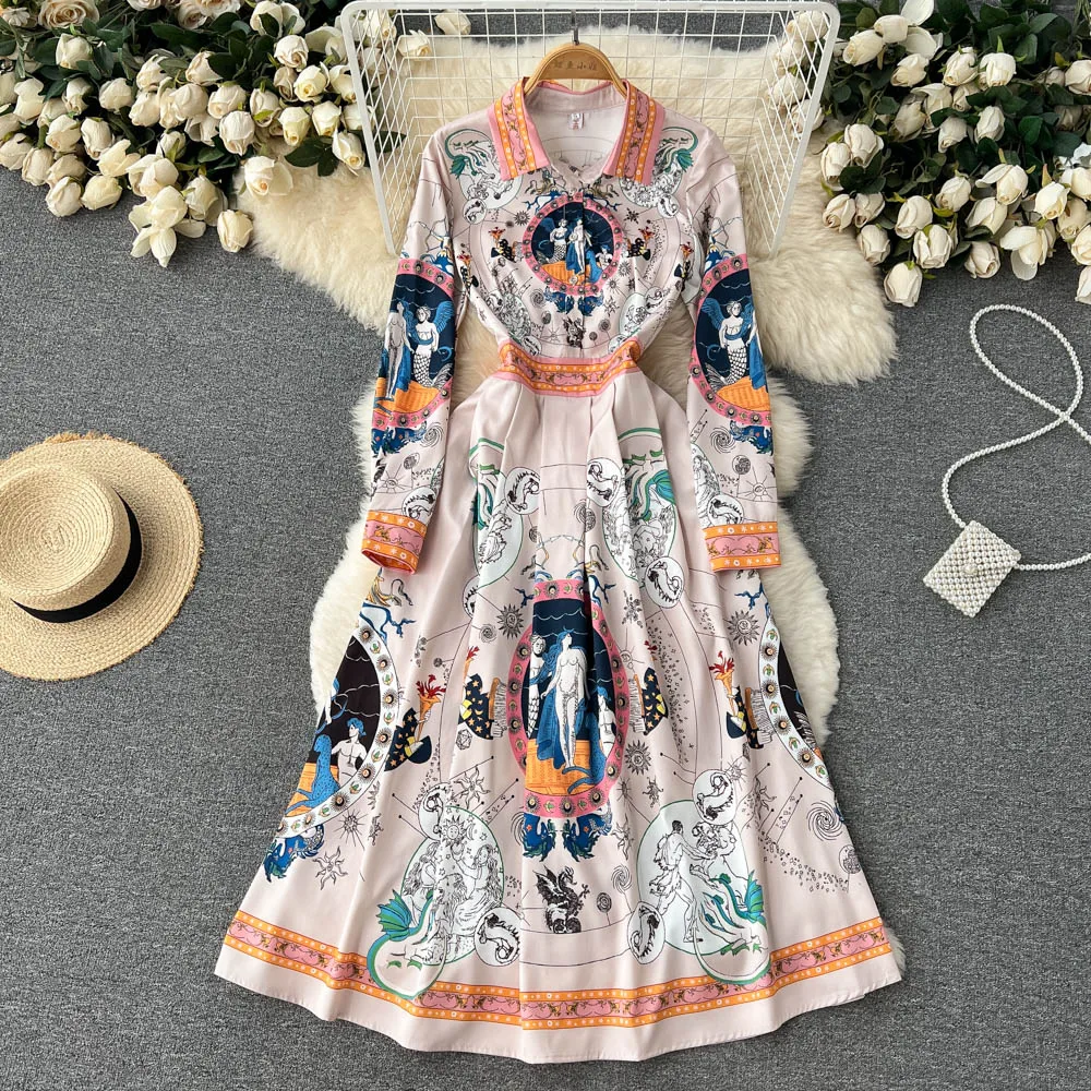 

2022 Spring Autumn New Ins Flower Printed A-line Dress Women Fashion Lapel Slim Loose Long Sleeve Vintage Elegant Vestidos E490