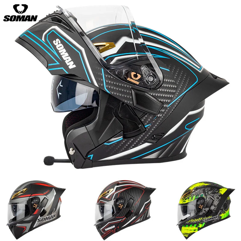 SOMAN-Casco abatible hacia arriba para motocicleta, protector de cabeza Modular con doble lente, Compatible con Bluetooth, DOT