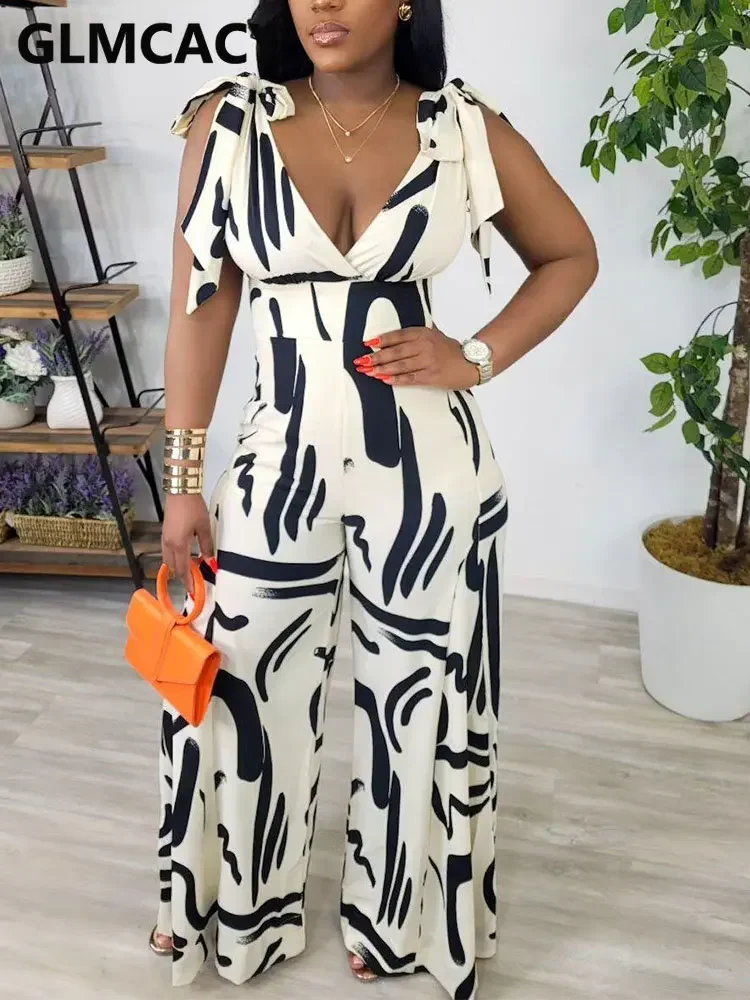 

Women Bandage Strap V Neck Loose Jumpsuit