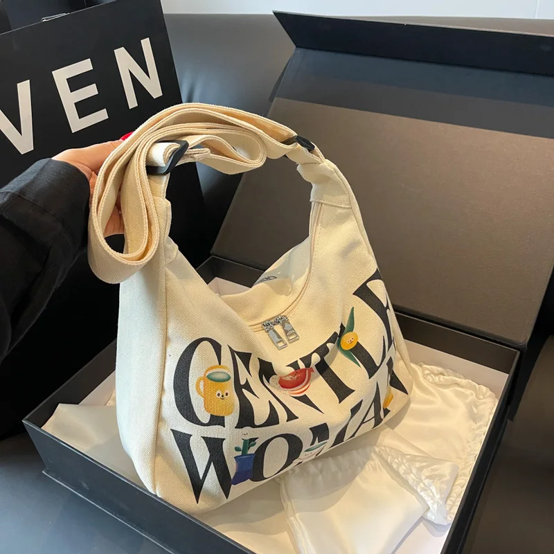 

Cartoon Printed Canvas Bags Letters Slanting Shoulder Bag Large capacity handbag for women