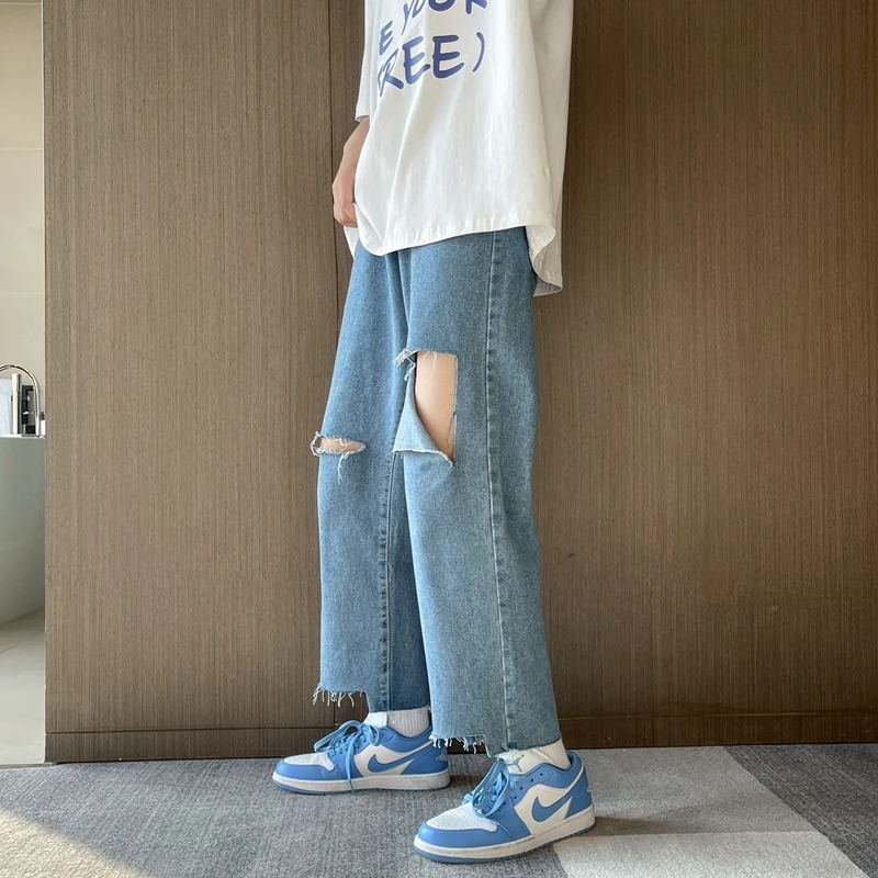

Korean Fashion Light Blue Hole Baggy Denim Ankle-Length Pants Spring/Summer Streetwear Wide Leg Jeans Male