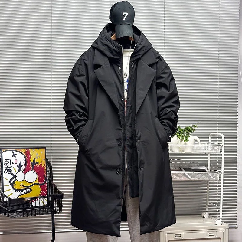 Mid-Length Men's Coat Winter Hooded New Two Pieces Korean Style Windbreaker Warm Thicken Cotton 6