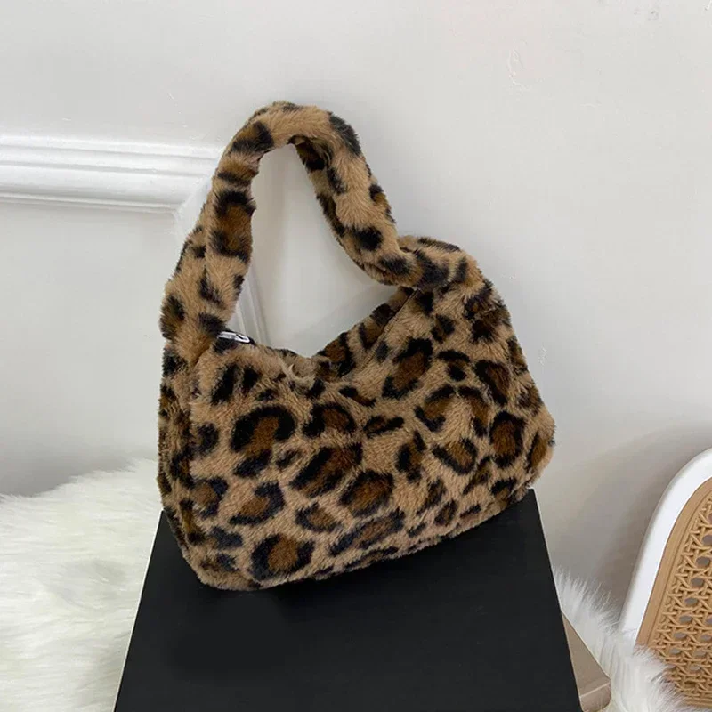 Y2k Korean Plush Retro Print For Women Underarm Leopard Zebra Pattern Fluffy Tote Bags Small Purses Handbags_voghion.com