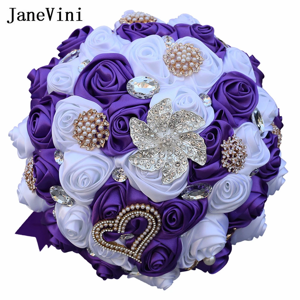 

JaneVini White and Purple Bridesmaid Bouquets for Wedding Bridal Flowers Beaded Pearl Crystal Marrige Hand Flower Bouquet Mariee