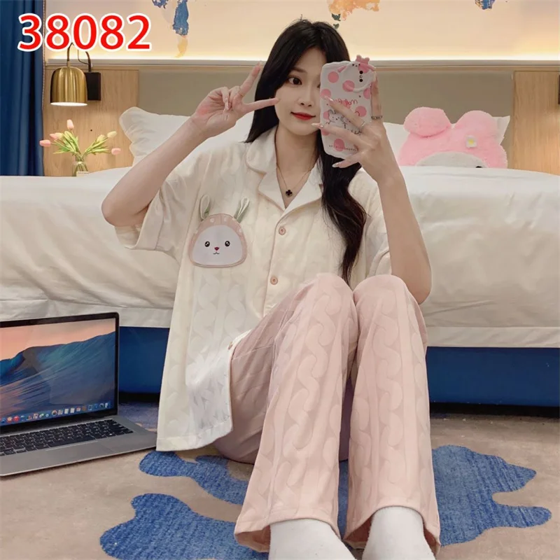 New Short Sleeve Sleepwear Women Matching Home Set Cotton Loose Sweet Cartoon Prints Leisure Thin Nightwear for Summer