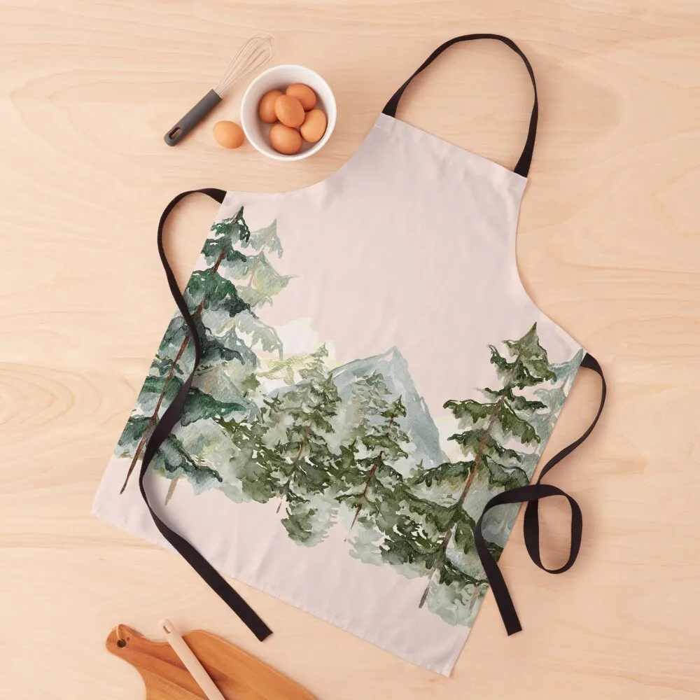 

Watercolor Pine Forest and mountain Aesthetic Graphic Apron Women's Home Clothes Chef Uniform For Men Apron