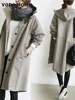 2023 Spring Autumn Casual Korean Fashion Hooded Medium Long Overcoat Loose Windproof Coat Women Trench Coat Solid Color Pocket 2