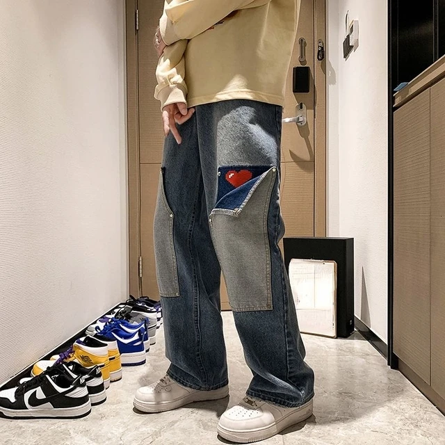 Jeans Men Design Heart Patchwork Wide 