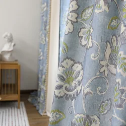 Blue Retro American Big Flower Winding Vine Curtains for Living Dining Room Bedroom
