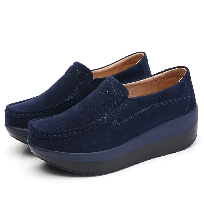 Platform Flat Shoes Women Thick Sole Women Loafers Suede Leather Footwear Comfort Wedge Moccasins Slip on Casual Shoes