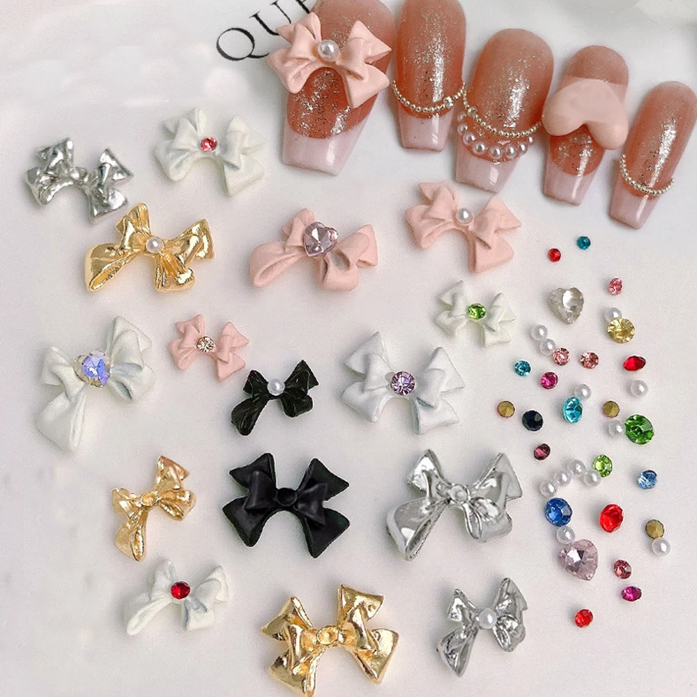

10Pcs Bowknot Design Alloy Nail Art charms 3D Metal Pink Love Matte Bow Nail Rhinestones Decorations Cute DIY Nail Accessories