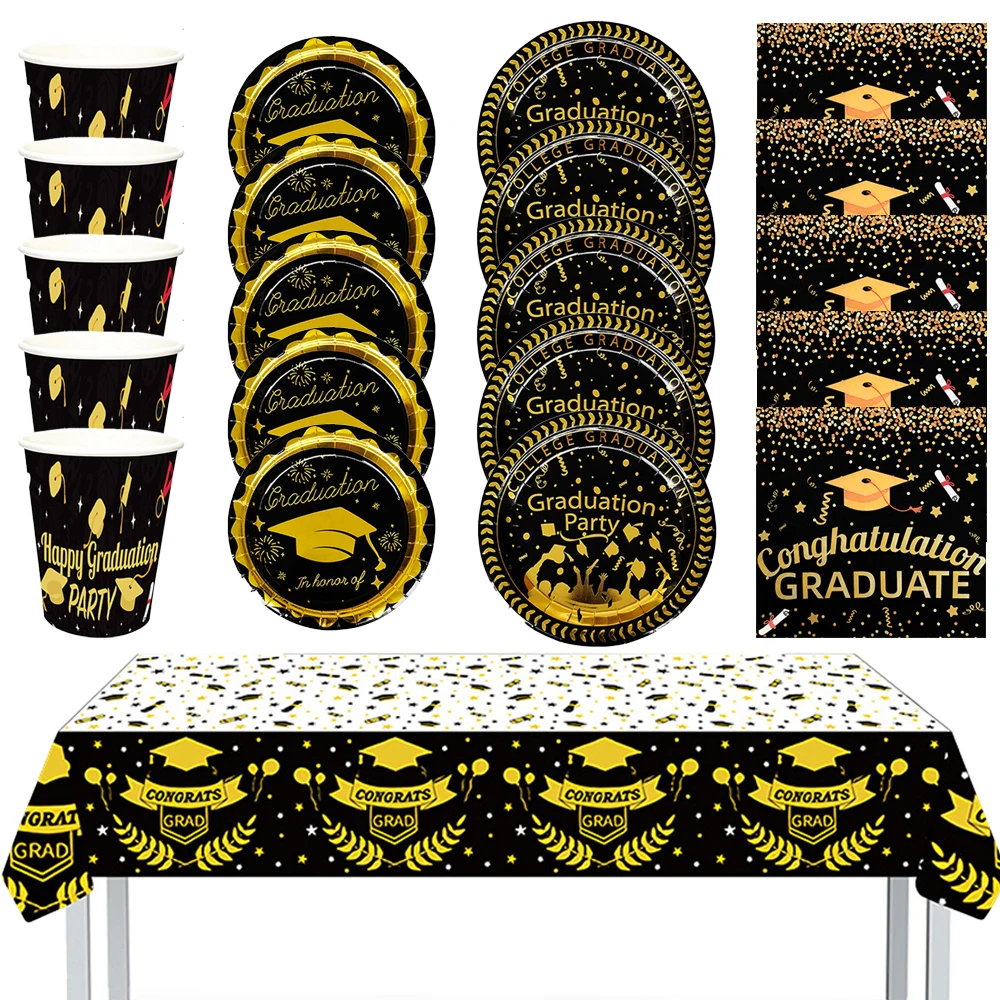 

Черные наборы для выпускного сезона, украшение для дня рождения, столовая посуда, скатерть, воздушный шар, торт, Топпер из соломы