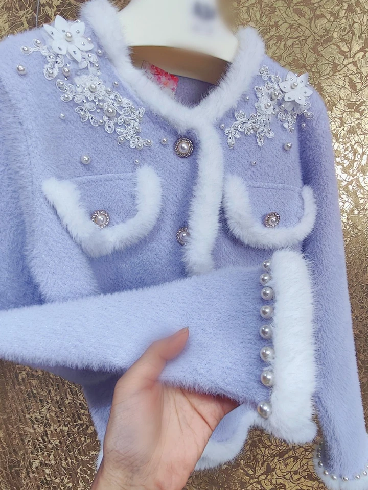 Fairy Pearls Beaded Mink Cashmere Jacket Shiny Flower Fur Edge
