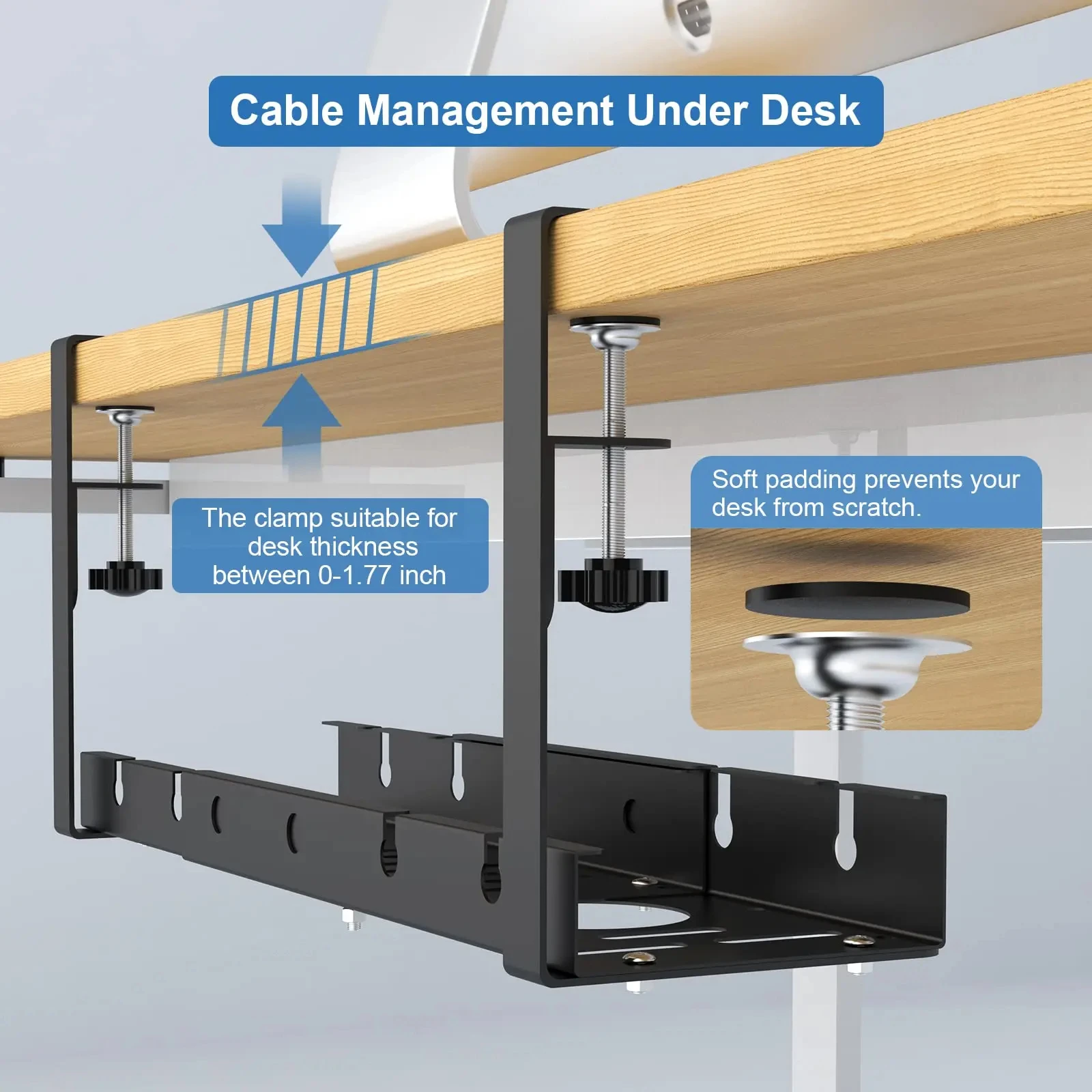 No Drilling Extendable Under Desk Cable Management Metal Cable Tray Under Desk with Clamp Retractable Power Strip Cord Holder