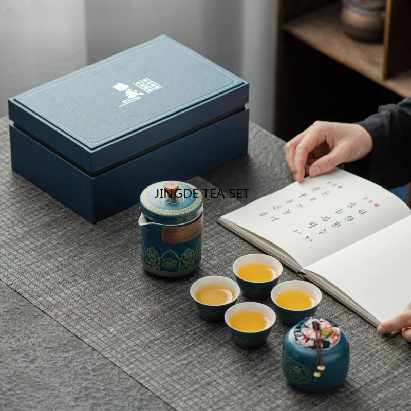 Outdoor Tea Ceremony Portable 1 Pot 4 Cups Travel Gift Box Luxury Chinese English Cup Set