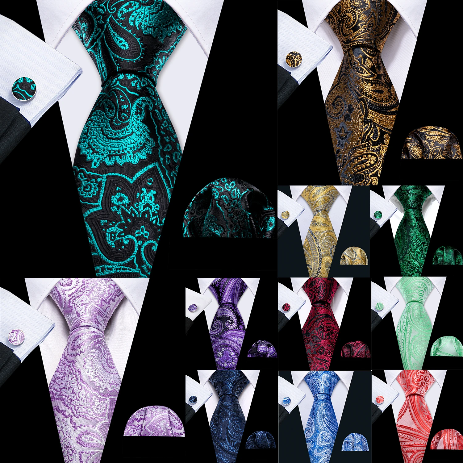 Jacquard Paisley Blumenmuster Herren Krawatte Einstecktuch Manschettenknöpfe Set 20 Farben Krawatte für Herren Hochzeit Party Business