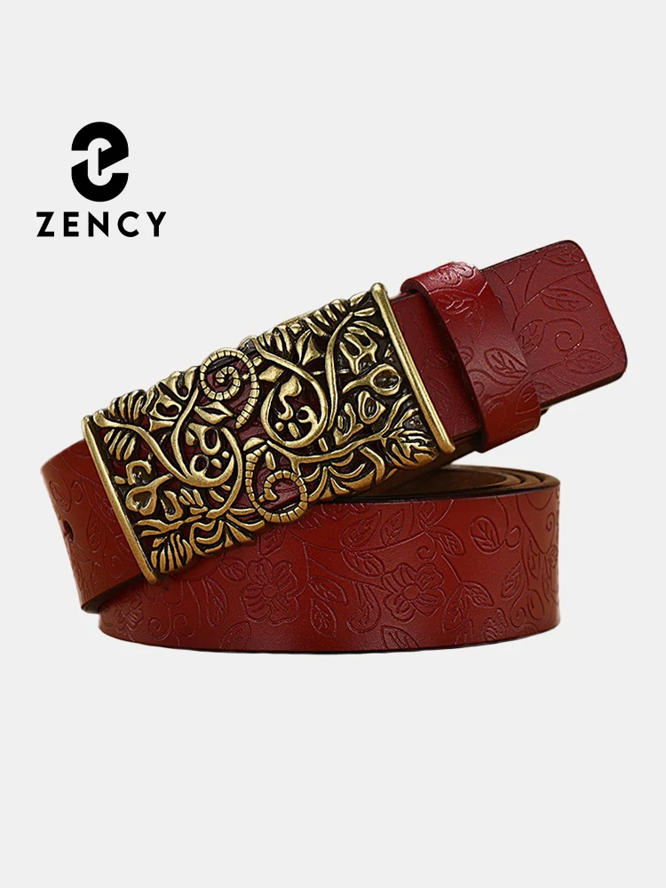 Zency 여성용 빈티지 암소 가죽 벨트, 긴 사각형 아연 합금 버클, 장식 청바지 허리 벨트, 3.3cm 너비
