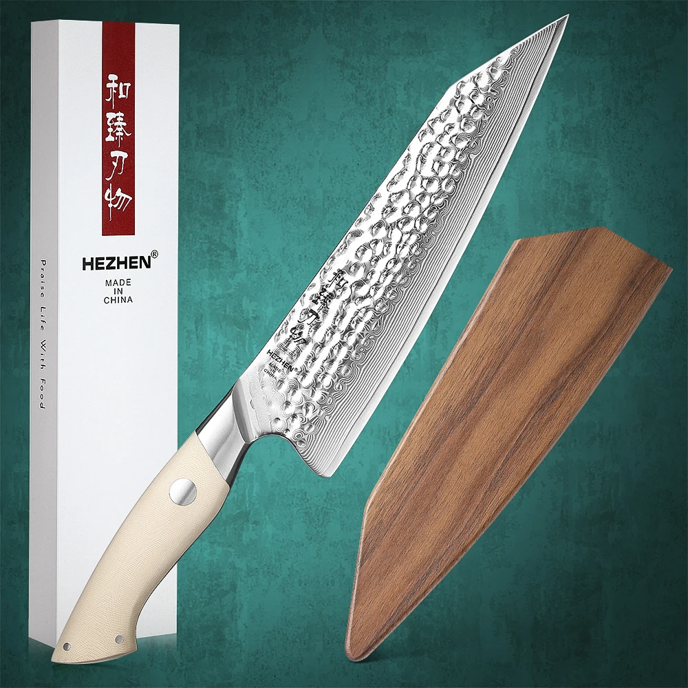 

HEZHEN 8.3 Inch Chef Knife Damascus Steel Kitchen Knife Cooking Cutlery G10 Handle 2023 New Design Kitchen Tools