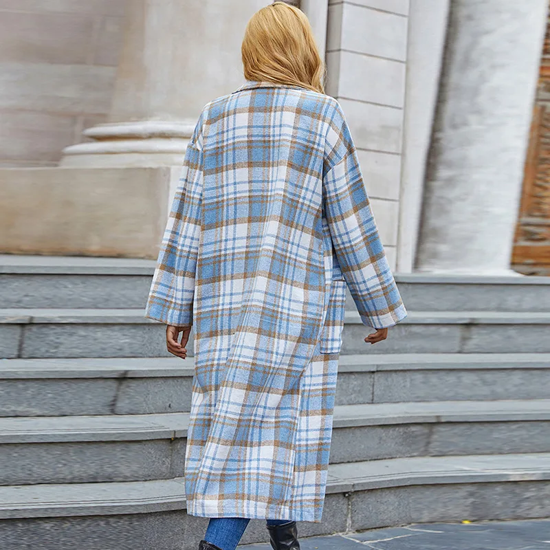 2021 Autumn and Winter Fashion New Blue and White Plaid Long-sleeved Pocket Ladies Cardigan Windbreaker Women's Mid-length Coat