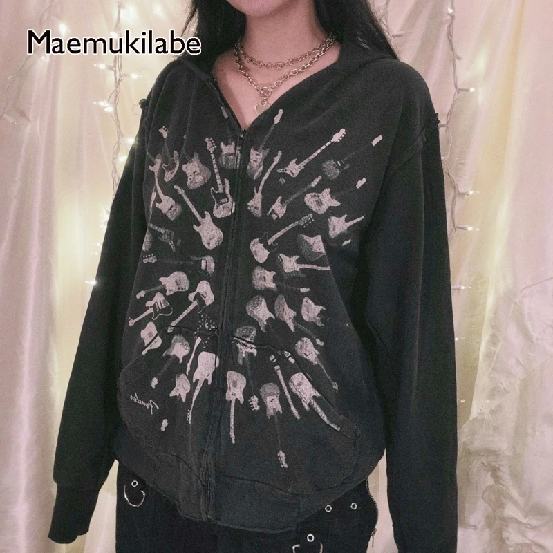 

Maemukilabe Skater Grunge Emo Vintage Sweatshirt Y2K Cyber Skull Print Zip Up Hoodies E-girl Gothic Mall Goth Punk Coat Clothes