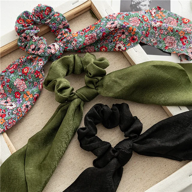 New Floral Print Scrunchies Chiffon Bow Elastic Hair Bands Women Hair Ties Rubber Bands Ponytail Scarf Fashion Hair Accessories 4