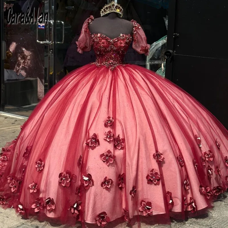 

Red Quincenara Dresses With 3D Floral Applique Sweetheart Vestidos De 15 Quinceañera Shinny Pageant Dress 2024