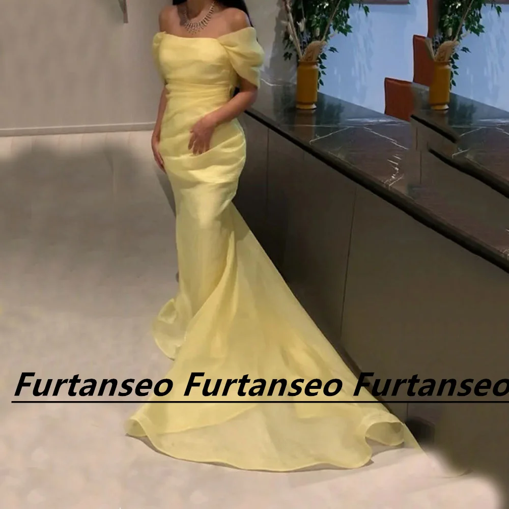 

Simple Mermaid Evening Gown Organza Off The Shoulder Strapless Draped Vestidos De Gala Dubai Court Train Festa