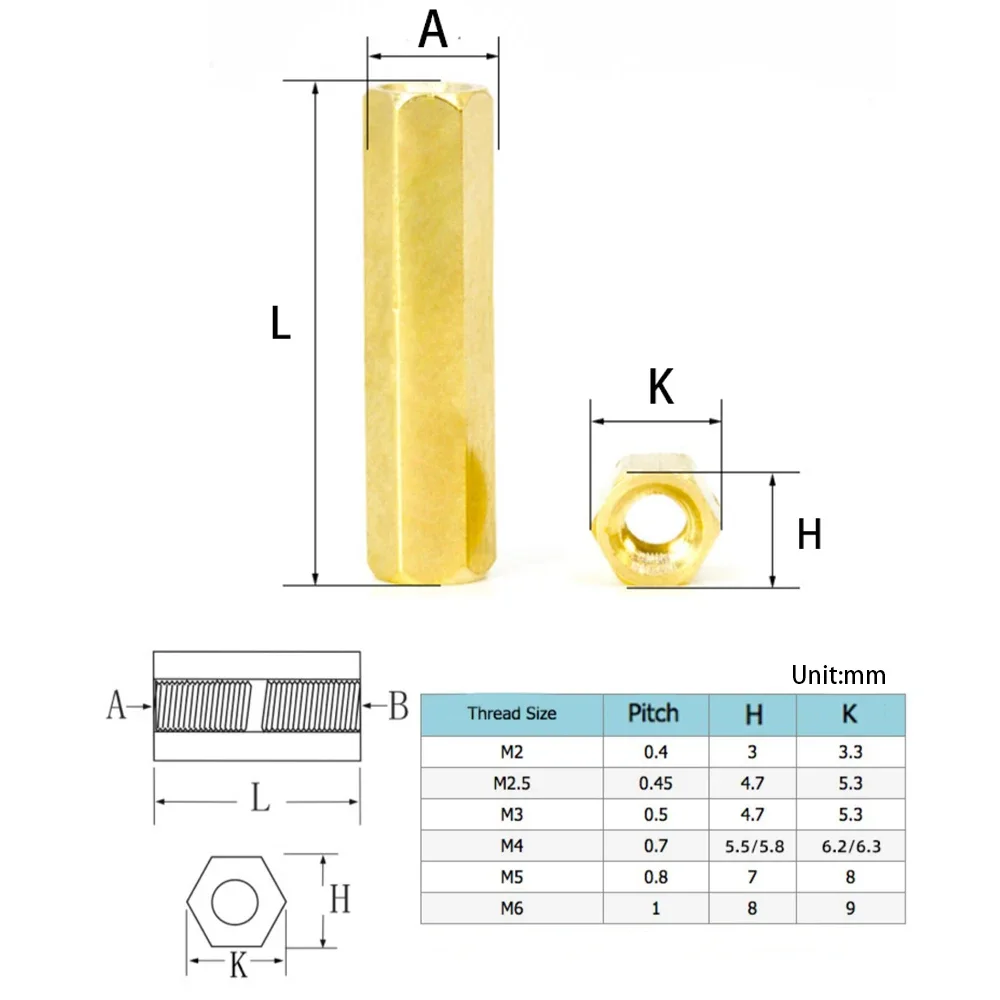 Brass Female Standoff 5-50pcs M2 M2.5 M3 M4 M5 M6 Double Pass Hex Brass Female Standoff Pillar Stud Mount Spacer Hexagon PCB Motherboard Nut Hollow