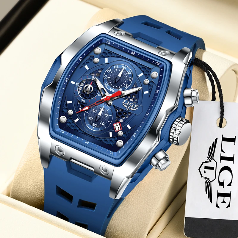 LIGE New Military Watches For Men Luxury Silicone Sport Square Chronograph Watch Fashion Business Waterproof Quartz Wristwatch