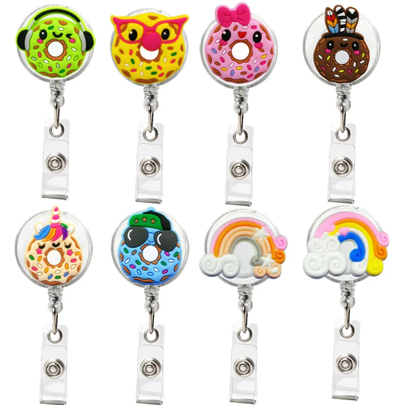 1PCS Doughnuts Pull Badge Nurse Cute Rainbow Name Badge Reel Clip