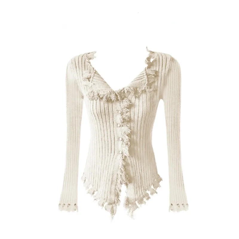 

Autumn All Match Casual Solid Women Sweaters V Neck Long Sleeve Pullovers Sweet Chic Fashion Tassel Patchwork Jumpers