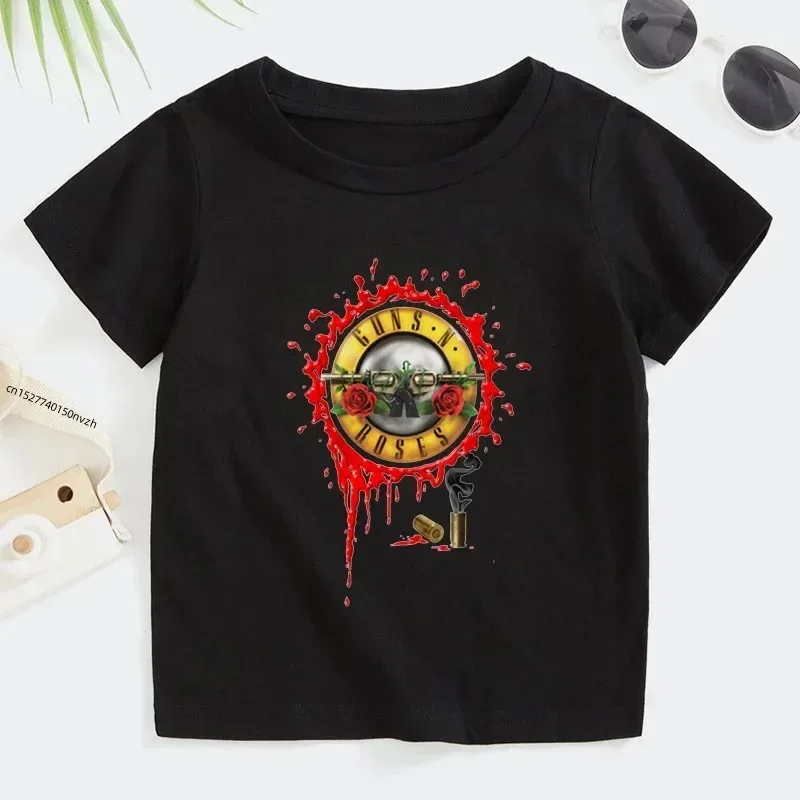 Camiseta de verano para niños de 2 a 14 años, banda de rock Gun N Roses, camisetas de manga corta de música Kpop para niños y niñas, ropa informal de algodón para niños