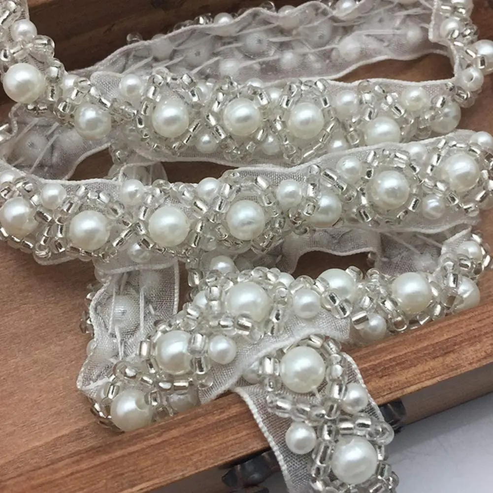 Pearl Beaded Trim Bridal Lace Ribbon Crystal Rhinestone Applique Trim straps for Craft Sewing Wedding Dress DIY Fabric 1 Yards