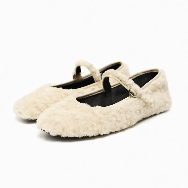 

Женские Туфли Мэри Джейн, белые туфли на плоской подошве с закрытым носком, балетки из овечьей шерсти на одной пуговице, осень 2023