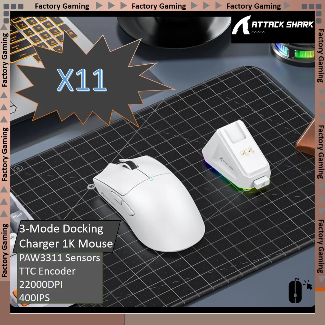 ATTACK SHARK X11 Tri-Mode Lightweight Gaming Mouse,Magnetic Fast Charging,PAW3311,22000DPI,400IPS,40G,and Broadcom BK3633 Master
