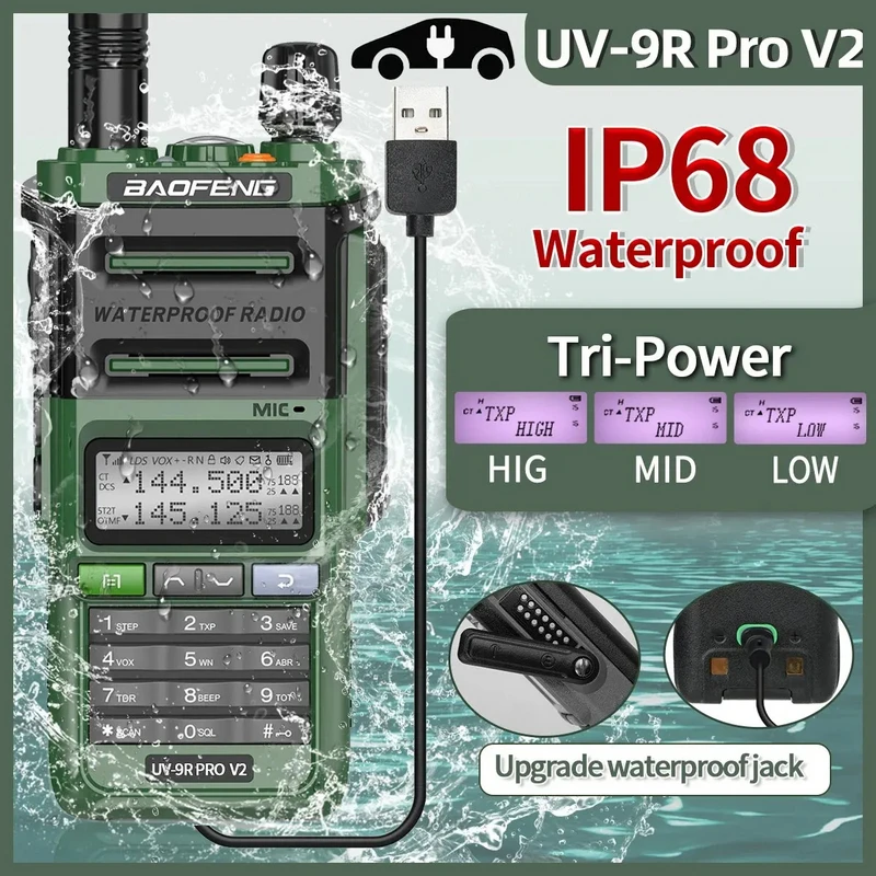 

Baofeng UV-9R Pro V2 Waterproof IP68 Walkie Talkie Type-c Charger Powerful UHF VHF Long Range Ham Radio