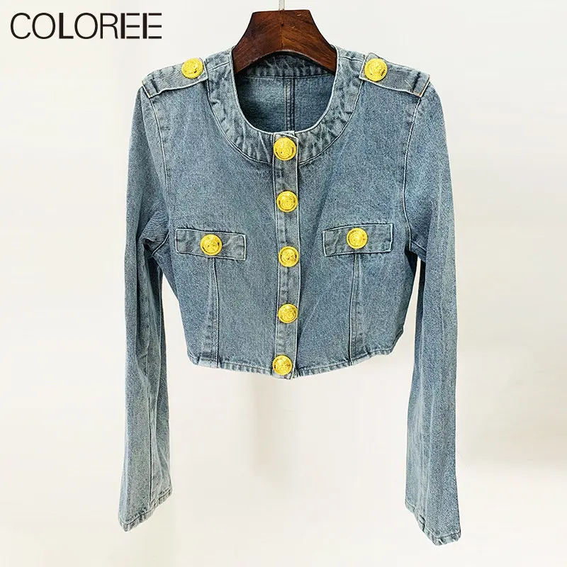 

Luxury Designer Lion Buttons Denim Jacket Women Elegant O-neck Short Blue Jaqueta Feminina 2023 Spring Fall Outfits