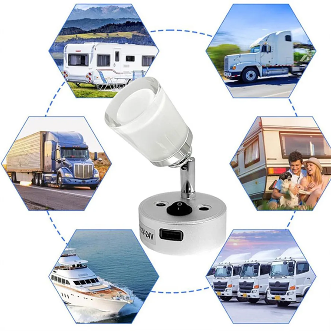 LED Reading Light 12V-24V RV Lamp with USB Type C Charging Port Type A USB 360&deg;Swivel Light for Bedside Reading lamp of Truck Trailer Ship