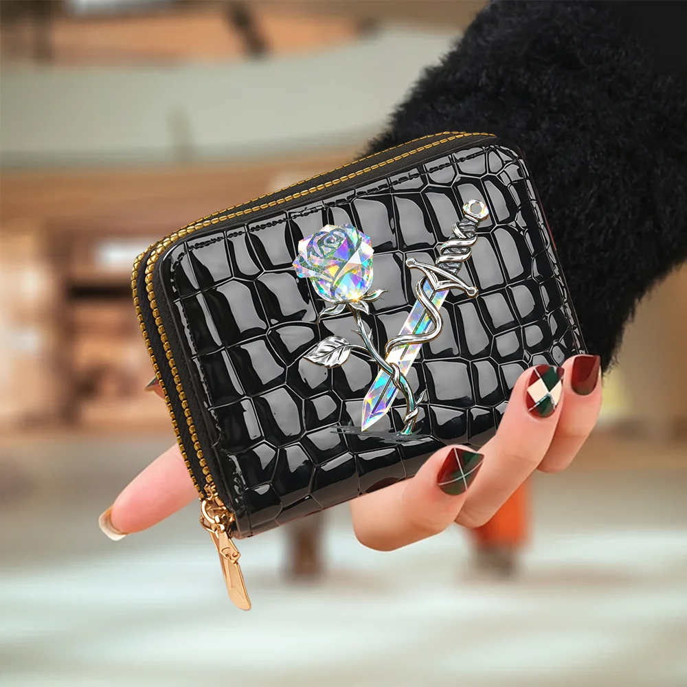 ZeAiLi Totenkopf Schwarze Rose Katzen-Kartenbörse Sichere Doppel-Reißverschluss-Clutch PU-Leder Geldbörse mit Kartenfächern Cartoon Aufbewahrungskartentasche – Detail 17