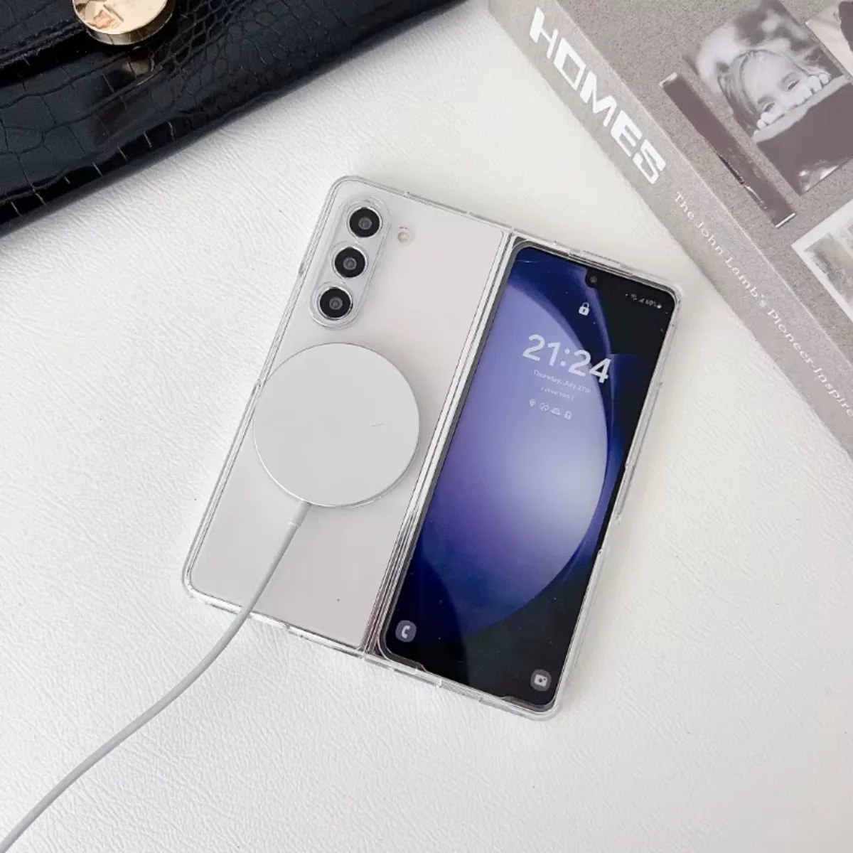 Sleek Transparent Magnetic Wireless Charging Phone Case with Hinge Protection
