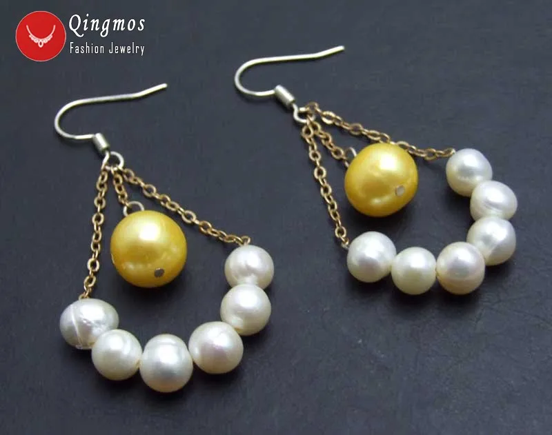 

Qingmos 10-11mm Round Natural Yellow Pearl Earring for Women Jewelry with 6-7mm White Pearl Earring Hook Dangle Earring 2"