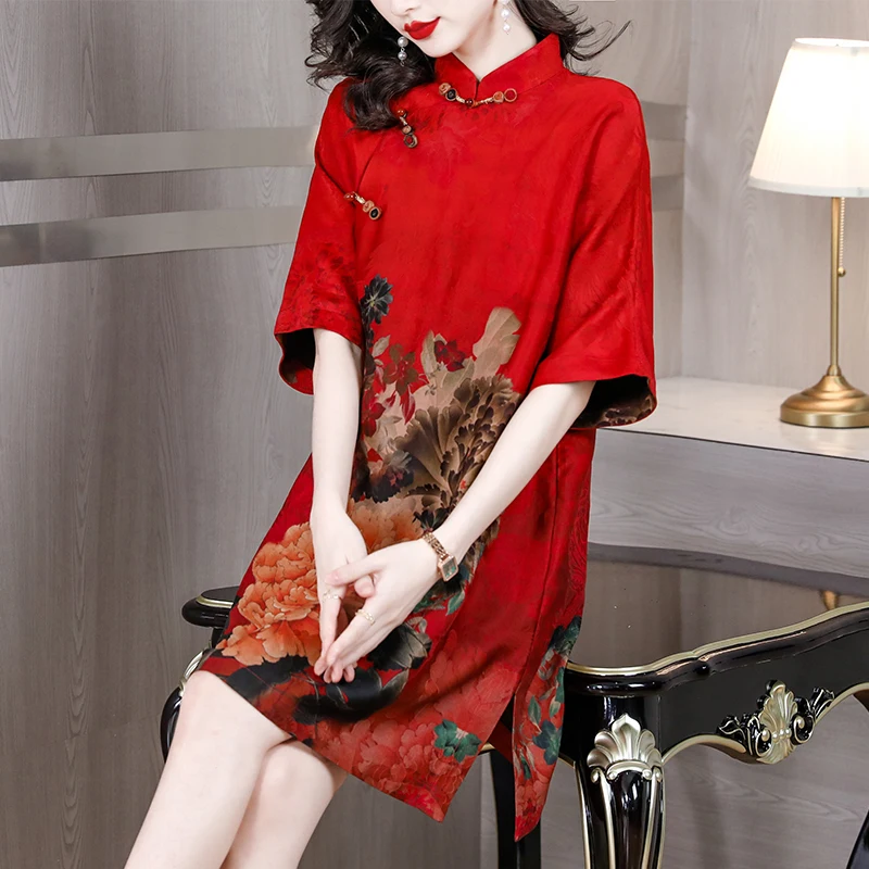 

Весна-лето 2023 новое ретро платье с красным принтом в западном стиле женское китайское свободное платье большого и среднего размера длинное платье