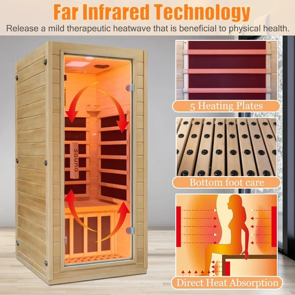 Indoor Far Infrared Sauna Room, Low EMF 5 Heating Panels 1400W Infrared Therapy with Bluetooth Speakers LED Lamp 1 Person Spa 3