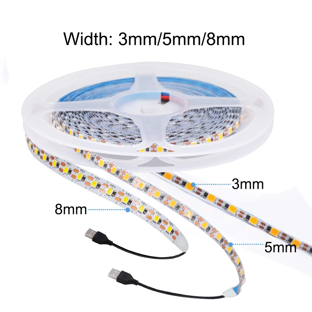 3MM 5MM 8MM Width DC 5V LED Strip 2835 120LEDs/m 1 LED Per Cut Flexible Tape IP20 No Waterproof Warm Natural Cool White 1M 2M 5M
