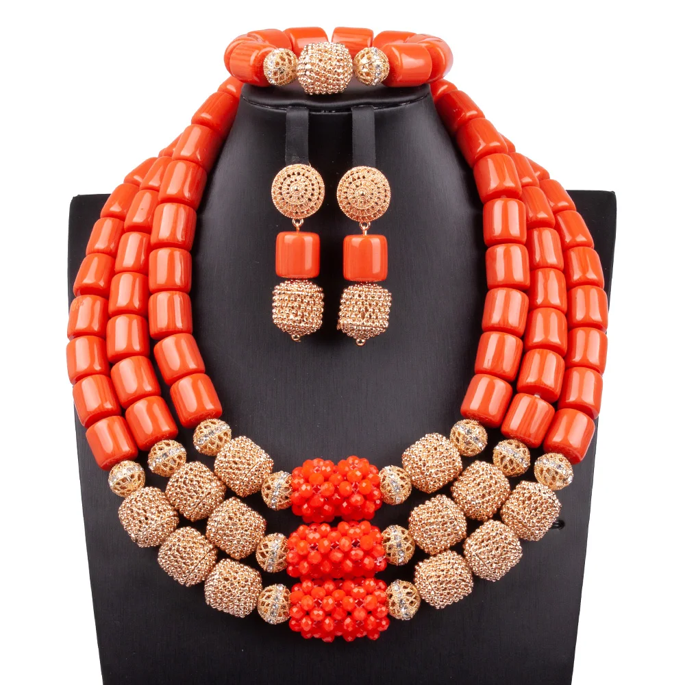 

Generous Dubai Gold Costume African Jewelry Sets New Design 3 Layers Orange Artificial Coral Beads Jewelry Set ABG139