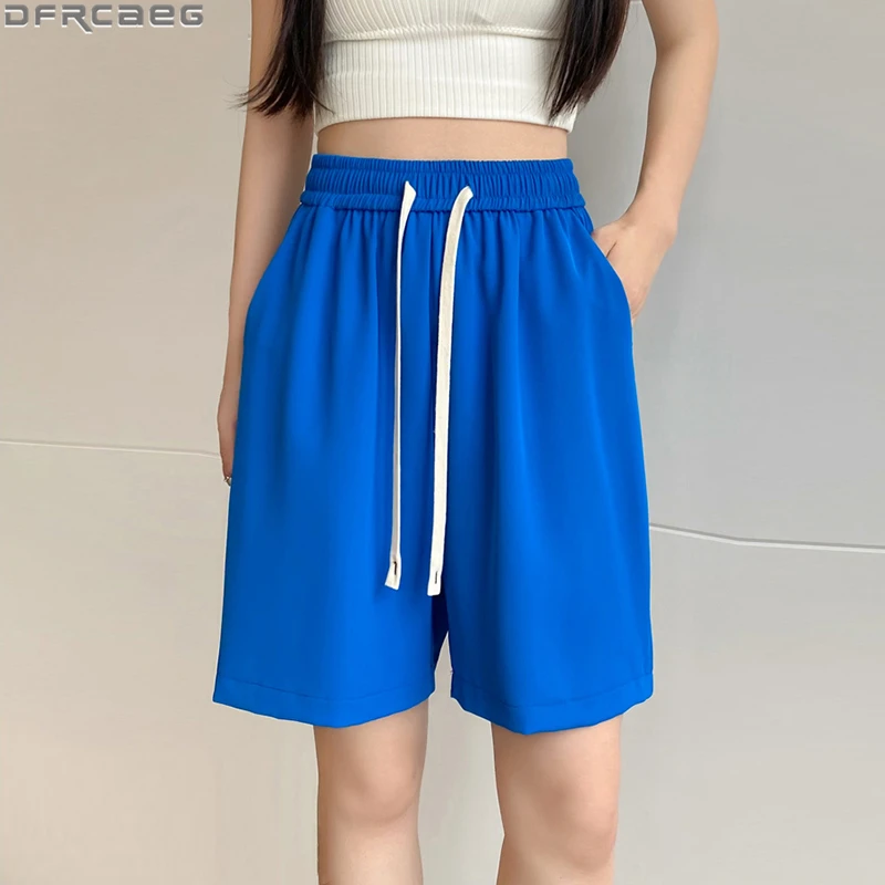 Loose Wide Leg Summer Shorts For Women Casual Streetwear Track Short Sweatpants Femme Ice Silk Thin Drawstring Bermudas Shorts