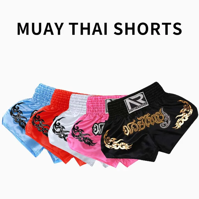 Pantalones Cortos de boxeo para Hombre y mujer, Shorts de Kickboxing, Muay Thai, Crossfit, Boxe, bordado fino, blanco y negro